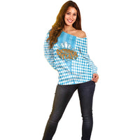 Oktoberfest Off Shoulder Sweater with Beer Glass Illustration Blue White Diamond - Wonder Print Shop