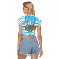 Oktoberfest Raglan Cropped T Shirt with Beer Glass Illustration Blue White Diamond - Wonder Print Shop