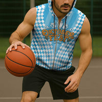 Oktoberfest Sleeveless Zip Hoodie with Beer Glass Illustration Blue White Diamond - Wonder Print Shop