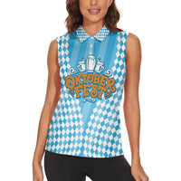 Oktoberfest Women Sleeveless Polo Shirt with Beer Glass Illustration Blue White Diamond - Wonder Print Shop