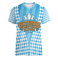 Oktoberfest Women V-Neck T-Shirt with Beer Glass Illustration Blue White Diamond - Wonder Print Shop
