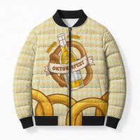 Oktoberfest Bomber Puffer Jacket with Beer Bottle and Pretzel Illustration Beige Diamond - Wonder Print Shop