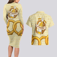 Oktoberfest Couples Matching Long Sleeve Bodycon Dress and Hawaiian Shirt with Beer Bottle and Pretzel Illustration Beige Diamond - Wonder Print Shop