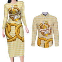 Oktoberfest Couples Matching Long Sleeve Bodycon Dress and Long Sleeve Button Shirt with Beer Bottle and Pretzel Illustration Beige Diamond - Wonder Print Shop