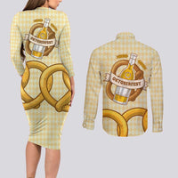Oktoberfest Couples Matching Long Sleeve Bodycon Dress and Long Sleeve Button Shirt with Beer Bottle and Pretzel Illustration Beige Diamond - Wonder Print Shop