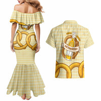 Oktoberfest Couples Matching Mermaid Dress and Hawaiian Shirt with Beer Bottle and Pretzel Illustration Beige Diamond - Wonder Print Shop
