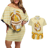 Oktoberfest Couples Matching Off Shoulder Short Dress and Hawaiian Shirt with Beer Bottle and Pretzel Illustration Beige Diamond - Wonder Print Shop