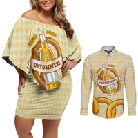 Oktoberfest Couples Matching Off Shoulder Short Dress and Long Sleeve Button Shirt with Beer Bottle and Pretzel Illustration Beige Diamond - Wonder Print Shop