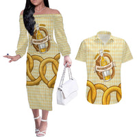 Oktoberfest Couples Matching Off The Shoulder Long Sleeve Dress and Hawaiian Shirt with Beer Bottle and Pretzel Illustration Beige Diamond - Wonder Print Shop