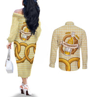 Oktoberfest Couples Matching Off The Shoulder Long Sleeve Dress and Long Sleeve Button Shirt with Beer Bottle and Pretzel Illustration Beige Diamond - Wonder Print Shop