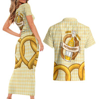 Oktoberfest Couples Matching Short Sleeve Bodycon Dress and Hawaiian Shirt with Beer Bottle and Pretzel Illustration Beige Diamond - Wonder Print Shop