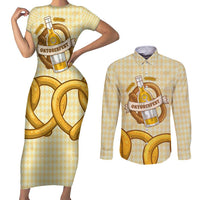 Oktoberfest Couples Matching Short Sleeve Bodycon Dress and Long Sleeve Button Shirt with Beer Bottle and Pretzel Illustration Beige Diamond - Wonder Print Shop