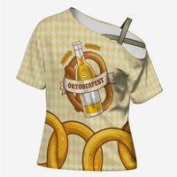 Oktoberfest Cross Shoulder Shirt with Beer Bottle and Pretzel Illustration Beige Diamond - Wonder Print Shop