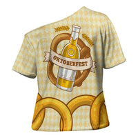 Oktoberfest Cross Shoulder Shirt with Beer Bottle and Pretzel Illustration Beige Diamond - Wonder Print Shop