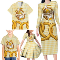 Oktoberfest Family Matching Long Sleeve Bodycon Dress and Hawaiian Shirt with Beer Bottle and Pretzel Illustration Beige Diamond - Wonder Print Shop