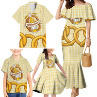 Oktoberfest Family Matching Mermaid Dress and Hawaiian Shirt with Beer Bottle and Pretzel Illustration Beige Diamond - Wonder Print Shop