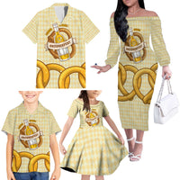 Oktoberfest Family Matching Off The Shoulder Long Sleeve Dress and Hawaiian Shirt with Beer Bottle and Pretzel Illustration Beige Diamond - Wonder Print Shop