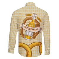 Oktoberfest Family Matching Off The Shoulder Long Sleeve Dress and Hawaiian Shirt with Beer Bottle and Pretzel Illustration Beige Diamond - Wonder Print Shop