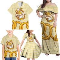 Oktoberfest Family Matching Off Shoulder Maxi Dress and Hawaiian Shirt with Beer Bottle and Pretzel Illustration Beige Diamond - Wonder Print Shop