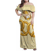 Oktoberfest Family Matching Off Shoulder Maxi Dress and Hawaiian Shirt with Beer Bottle and Pretzel Illustration Beige Diamond - Wonder Print Shop