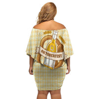 Oktoberfest Family Matching Off Shoulder Short Dress and Hawaiian Shirt with Beer Bottle and Pretzel Illustration Beige Diamond - Wonder Print Shop