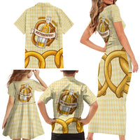 Oktoberfest Family Matching Short Sleeve Bodycon Dress and Hawaiian Shirt with Beer Bottle and Pretzel Illustration Beige Diamond - Wonder Print Shop