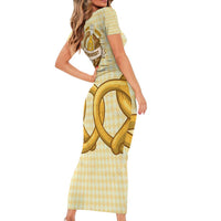 Oktoberfest Family Matching Short Sleeve Bodycon Dress and Hawaiian Shirt with Beer Bottle and Pretzel Illustration Beige Diamond - Wonder Print Shop