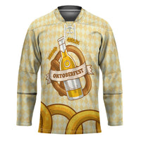 Oktoberfest Hockey Jersey with Beer Bottle and Pretzel Illustration Beige Diamond - Wonder Print Shop