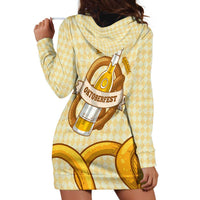 Oktoberfest Hoodie Dress with Beer Bottle and Pretzel Illustration Beige Diamond - Wonder Print Shop