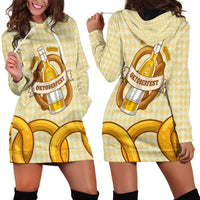 Oktoberfest Hoodie Dress with Beer Bottle and Pretzel Illustration Beige Diamond - Wonder Print Shop