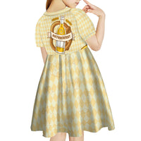 Oktoberfest Kid Short Sleeve Dress with Beer Bottle and Pretzel Illustration Beige Diamond - Wonder Print Shop