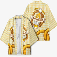 Oktoberfest Kimono with Beer Bottle and Pretzel Illustration Beige Diamond - Wonder Print Shop
