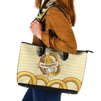 Oktoberfest Leather Tote Bag with Beer Bottle and Pretzel Illustration Beige Diamond - Wonder Print Shop