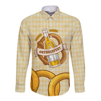 Oktoberfest Long Sleeve Button Shirt with Beer Bottle and Pretzel Illustration Beige Diamond - Wonder Print Shop
