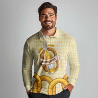 Oktoberfest Long Sleeve Polo Shirt with Beer Bottle and Pretzel Illustration Beige Diamond - Wonder Print Shop