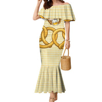 Oktoberfest Mermaid Dress with Beer Bottle and Pretzel Illustration Beige Diamond - Wonder Print Shop