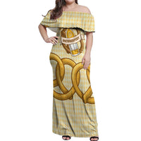 Oktoberfest Off Shoulder Maxi Dress with Beer Bottle and Pretzel Illustration Beige Diamond - Wonder Print Shop