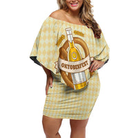 Oktoberfest Off Shoulder Short Dress with Beer Bottle and Pretzel Illustration Beige Diamond - Wonder Print Shop