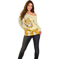 Oktoberfest Off Shoulder Sweater with Beer Bottle and Pretzel Illustration Beige Diamond - Wonder Print Shop