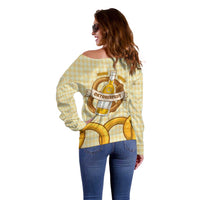 Oktoberfest Off Shoulder Sweater with Beer Bottle and Pretzel Illustration Beige Diamond - Wonder Print Shop