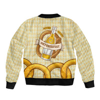 Oktoberfest Sleeve Zip Bomber Jacket with Beer Bottle and Pretzel Illustration Beige Diamond - Wonder Print Shop