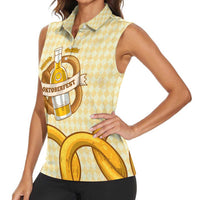Oktoberfest Women Sleeveless Polo Shirt with Beer Bottle and Pretzel Illustration Beige Diamond - Wonder Print Shop