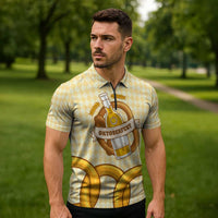 Oktoberfest Zipper Polo Shirt with Beer Bottle and Pretzel Illustration Beige Diamond - Wonder Print Shop