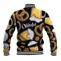 Oktoberfest Baseball Jacket with Beer Mug and Pretzel Illustration Black Festive - Wonder Print Shop