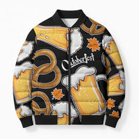 Oktoberfest Bomber Puffer Jacket with Beer Mug and Pretzel Illustration Black Festive - Wonder Print Shop