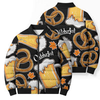 Oktoberfest Bomber Puffer Jacket with Beer Mug and Pretzel Illustration Black Festive - Wonder Print Shop