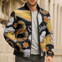 Oktoberfest Bomber Puffer Jacket with Beer Mug and Pretzel Illustration Black Festive - Wonder Print Shop