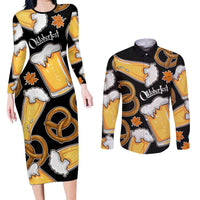 Oktoberfest Couples Matching Long Sleeve Bodycon Dress and Long Sleeve Button Shirt with Beer Mug and Pretzel Illustration Black Festive - Wonder Print Shop