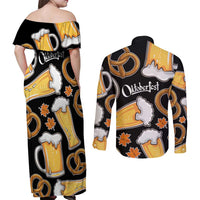 Oktoberfest Couples Matching Off Shoulder Maxi Dress and Long Sleeve Button Shirt with Beer Mug and Pretzel Illustration Black Festive - Wonder Print Shop
