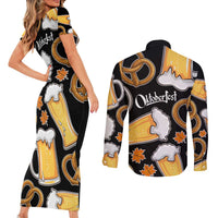 Oktoberfest Couples Matching Short Sleeve Bodycon Dress and Long Sleeve Button Shirt with Beer Mug and Pretzel Illustration Black Festive - Wonder Print Shop